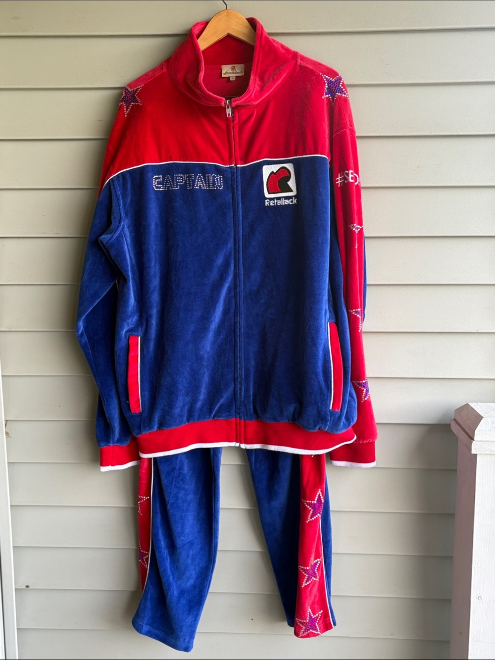 Sweatsedo USA Blue and Red Velour Track Pants with Star Side Stripes. XL.